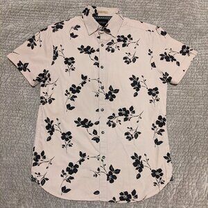 Cactus Man men's Small tan black floral pattern short-sleeve button-up shirt